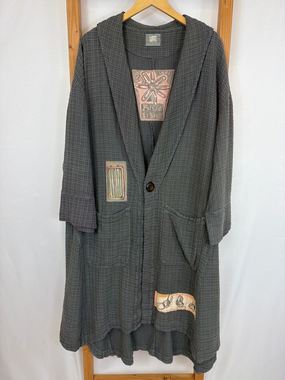 Blue Fish Toy Box Gray Waffle Patchwork Jacket Embroidered High-Low Size L/XL